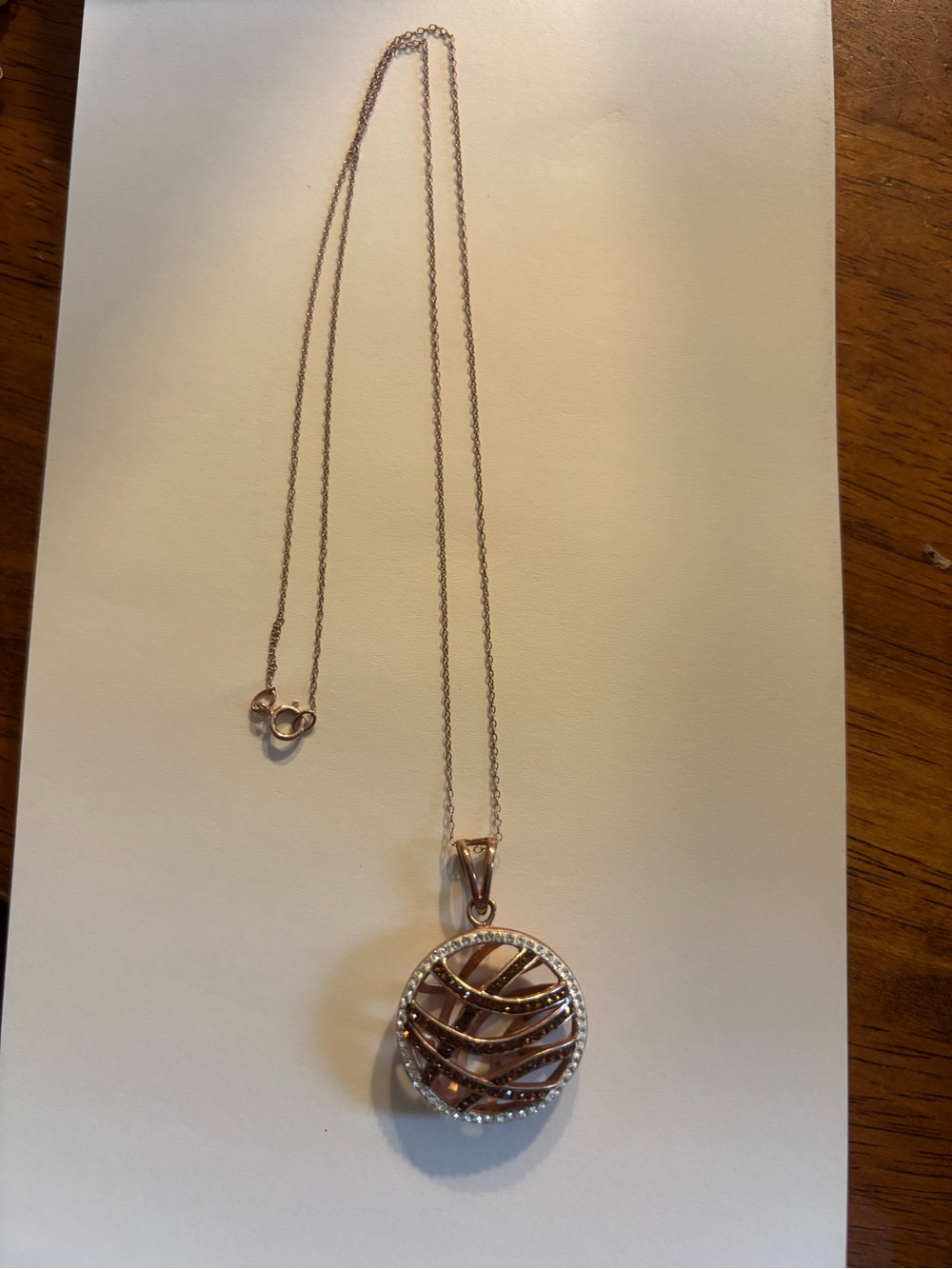 Sterling n Ice Rose Gold Wave-Cut Round Pendant Necklace